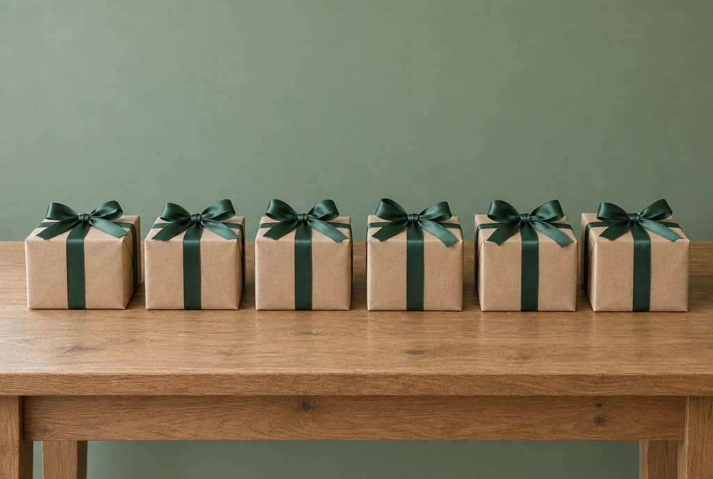 Six kraft gift boxes tied with forest green ribbon in a row on a wooden table