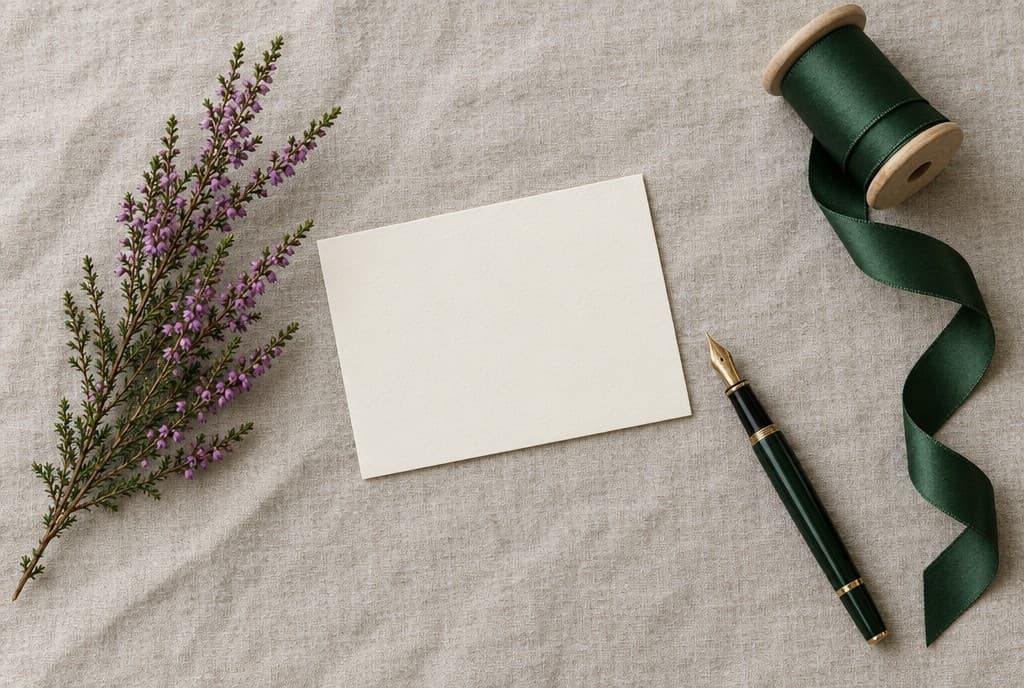 A cream gift card beside a sprig of heather, a fountain pen and a spool of green ribbon
