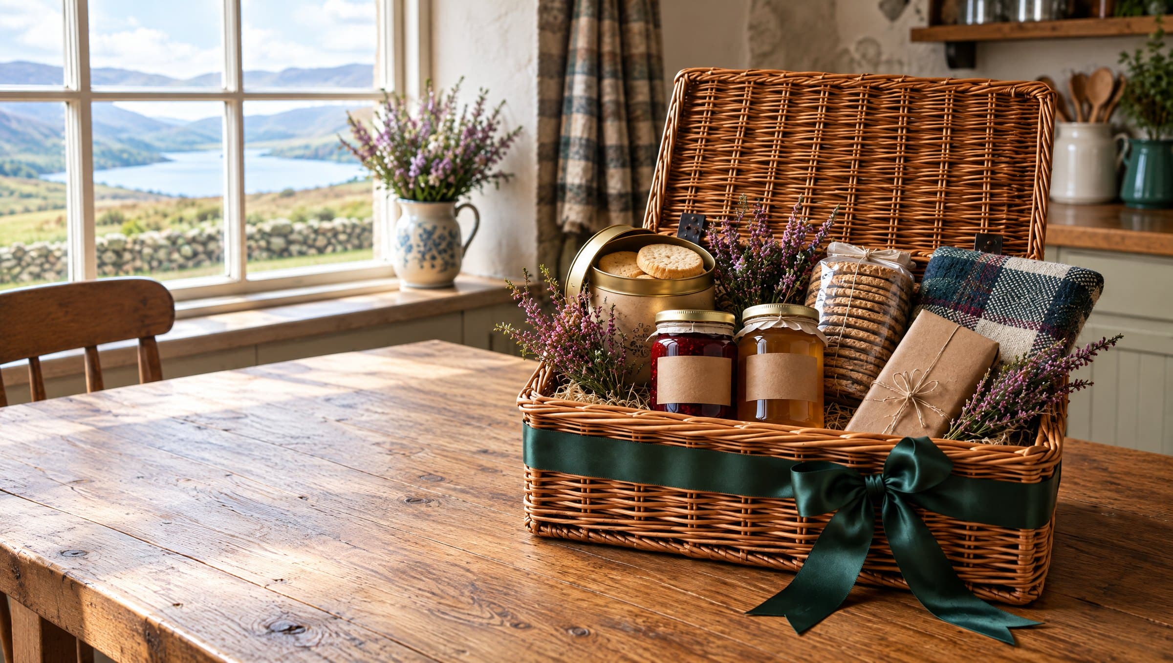 A wicker hamper of shortbread, honey, preserves and oatcakes tied with a green ribbon on a farmhouse table, with a loch beyond the window