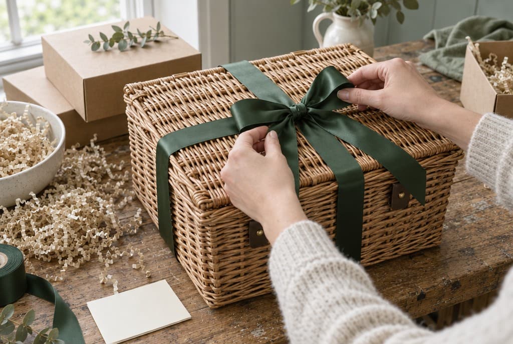 Hands tying a forest green ribbon around a wicker hamper on the packing table